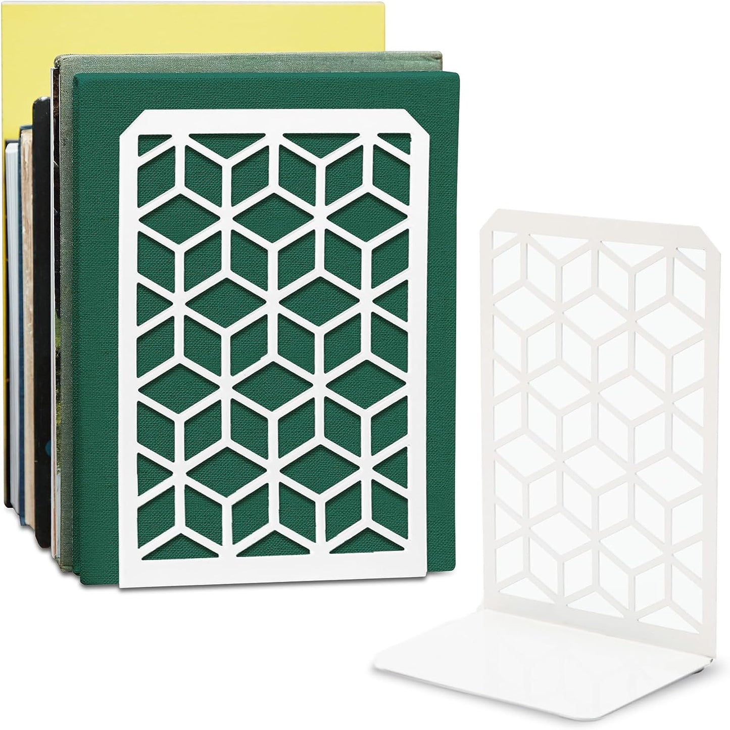 3D cube pattern bookends styled on shelf – decorative black metal book ends
