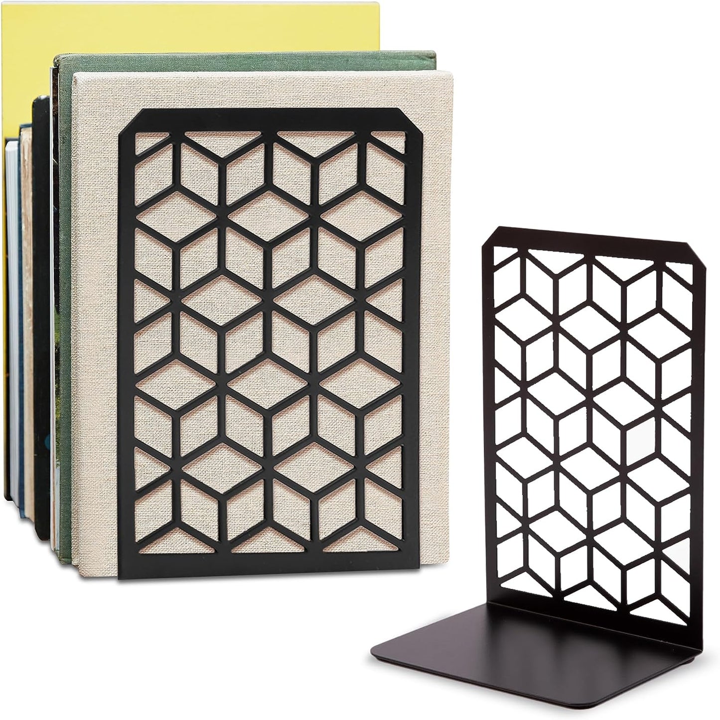 3D cube metal bookend – modern geometric bookshelf accessory