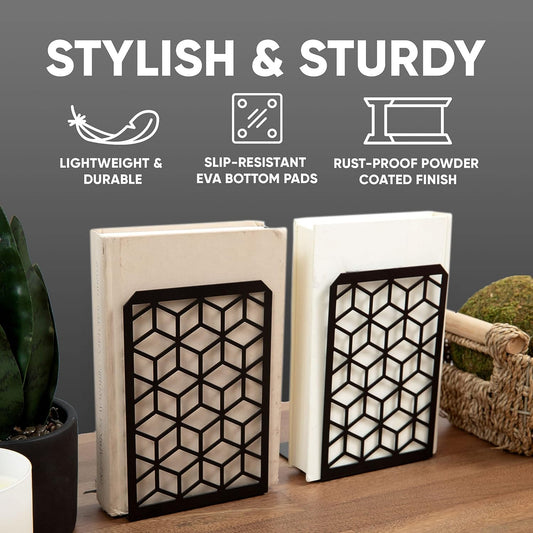 Geometric 3D illusion book end – sleek black metal design