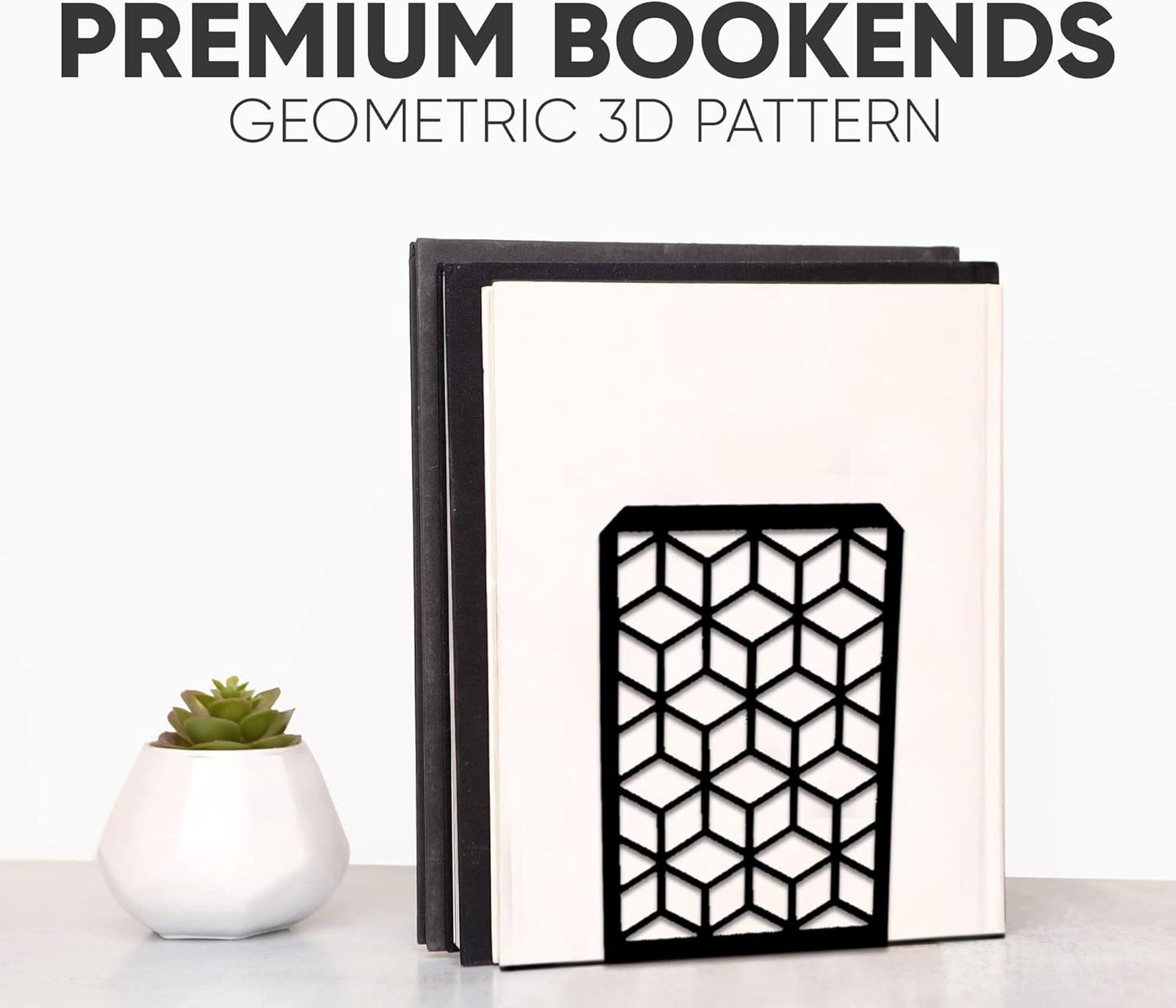 Modern book ends with 3D cube cutout – stylish and sturdy