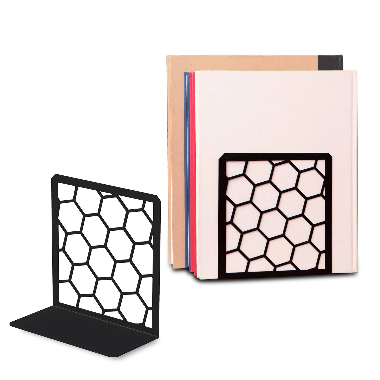 Black honeycomb metal bookend – modern minimalist bookshelf decor
