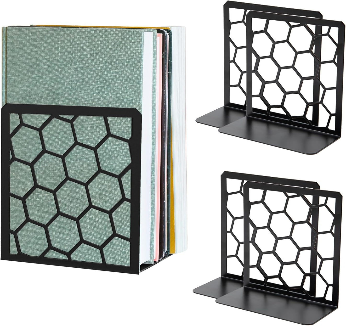 Set of 4 honeycomb metal book ends – geometric design for home or office