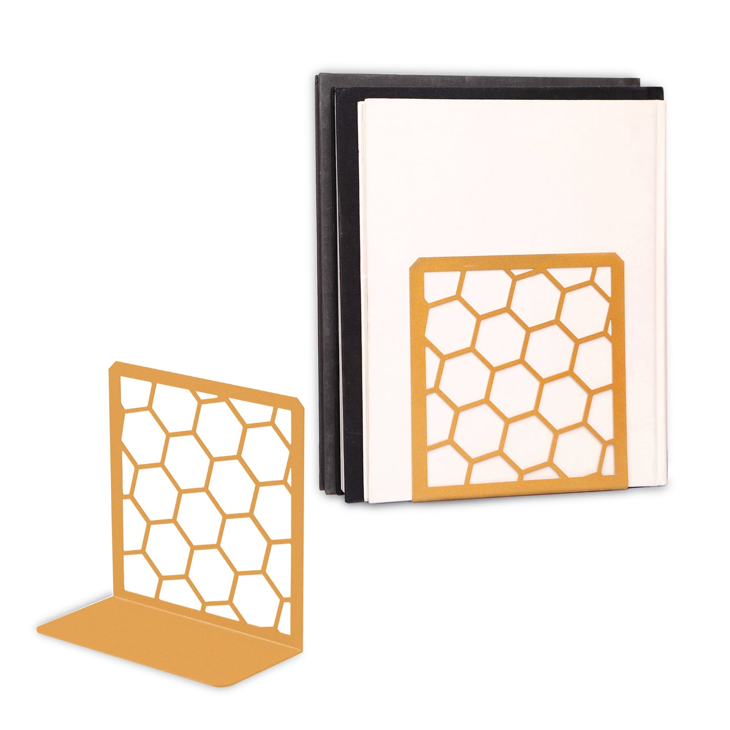 Gold honeycomb metal bookend – elegant geometric bookend for office or home