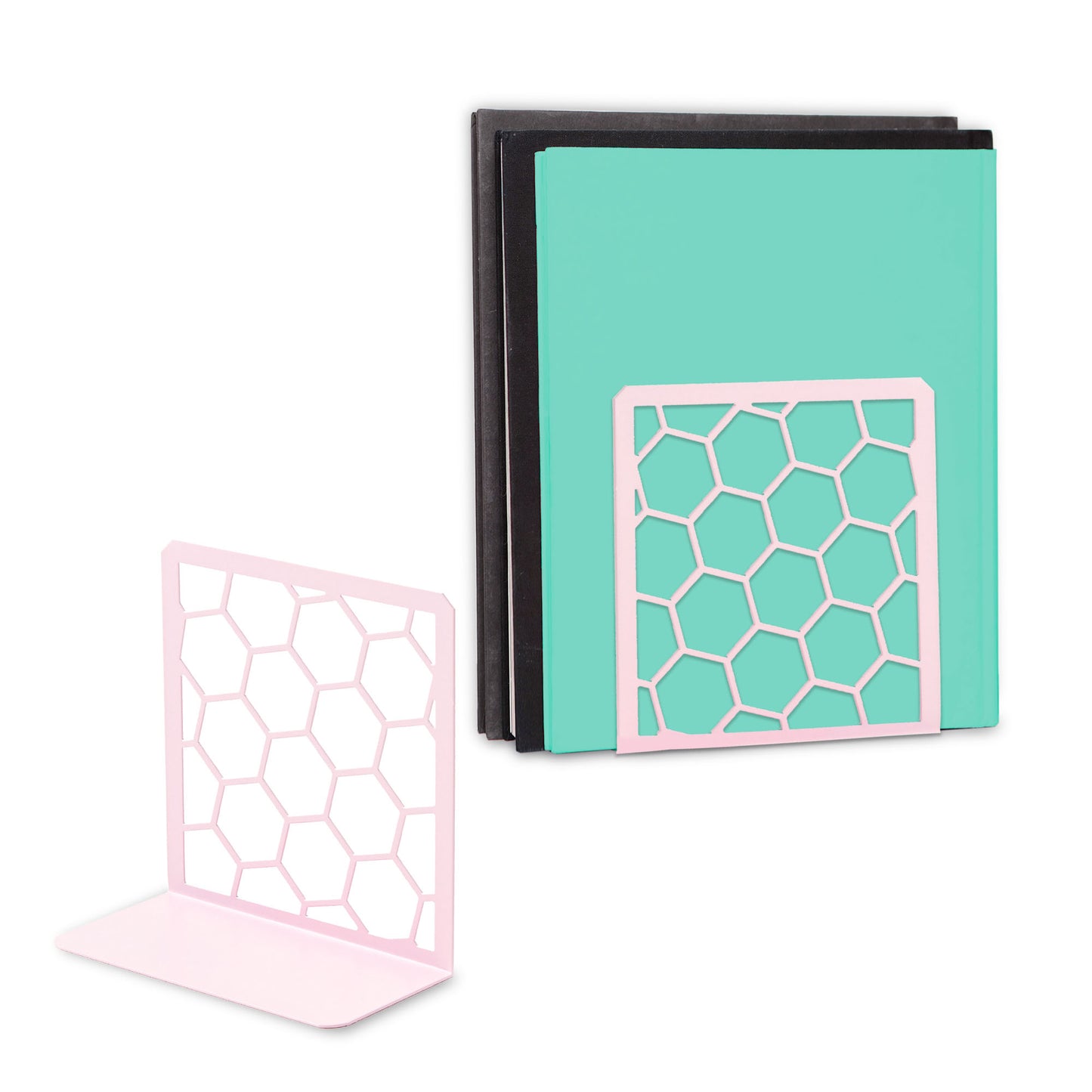 Pink honeycomb metal bookend – modern bookshelf organizer