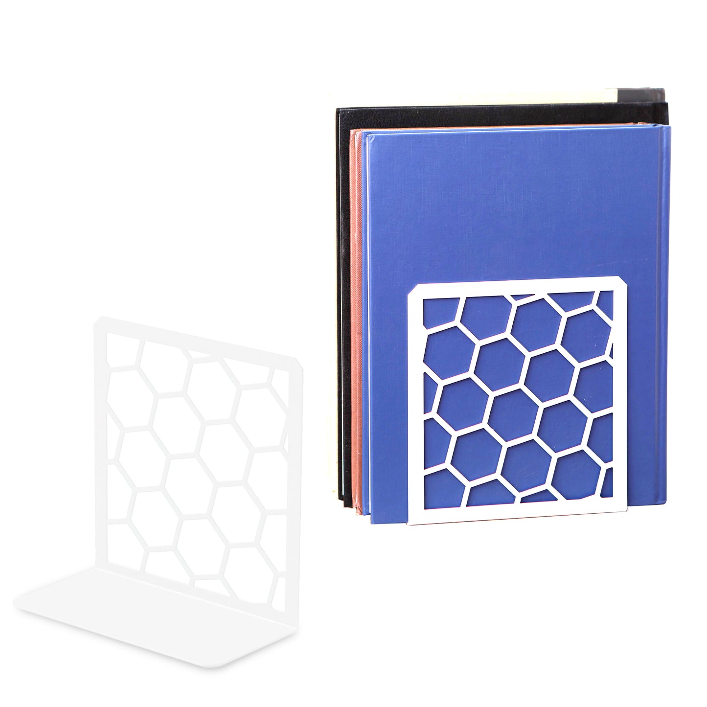 White honeycomb metal bookend – geometric bookshelf organizer