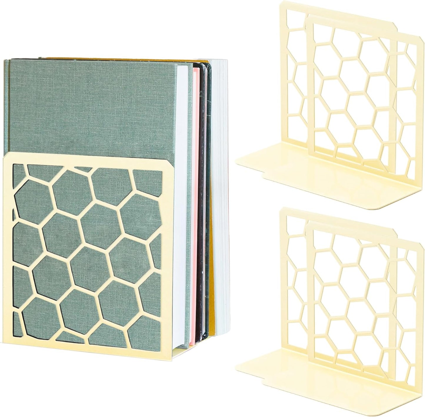 Honeycomb bookends set of four – sturdy modern metal bookshelf accessories