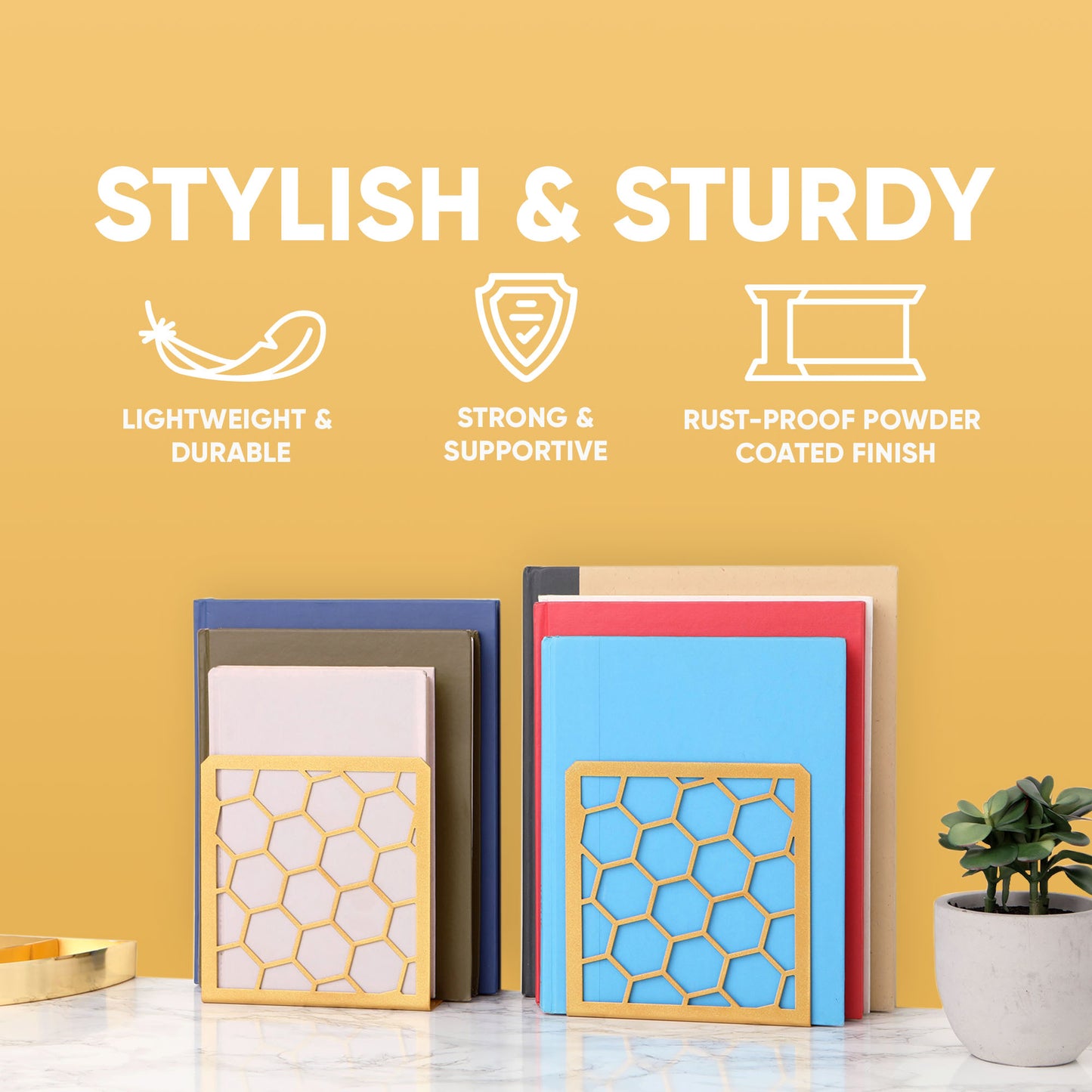 Honeycomb bookends – stylish and sturdy premium steel construction