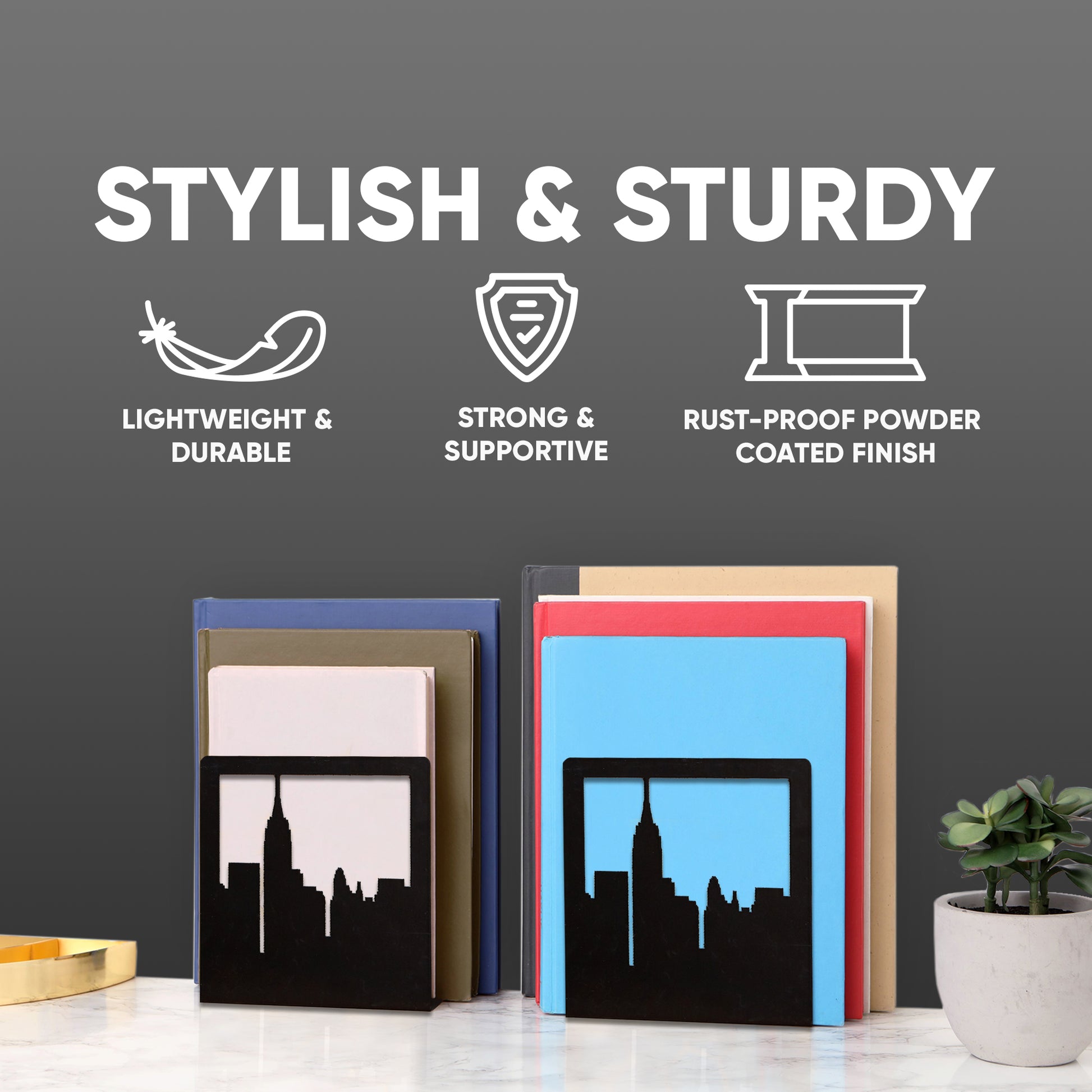 NYC skyline book end on bookshelf – stylish urban home office decor