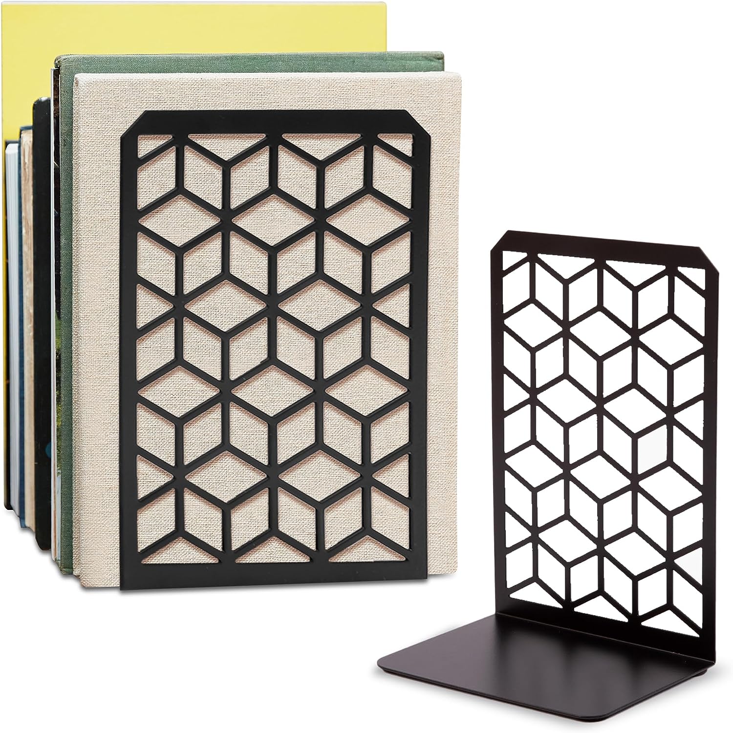 3D cube metal bookend – modern geometric bookshelf accessory