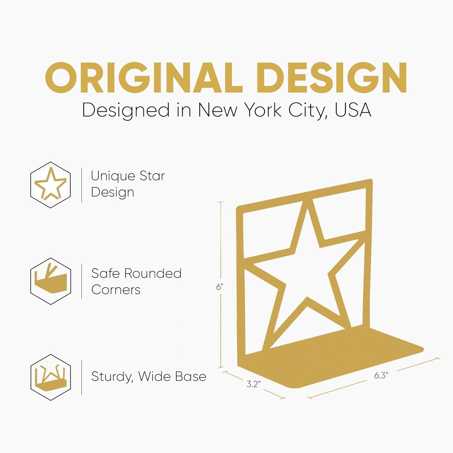 2 Pack Star Gold Metal Bookends - Tall Sturdy Book Ends for Shelves