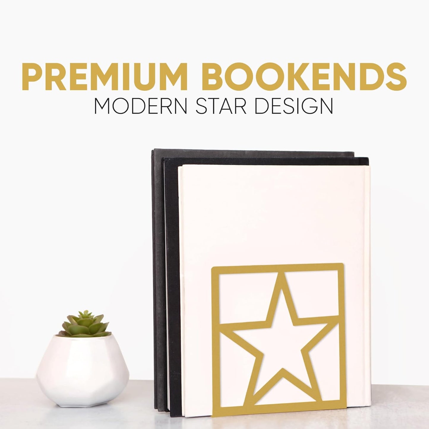 2 Pack Star Gold Metal Bookends - Tall Sturdy Book Ends for Shelves