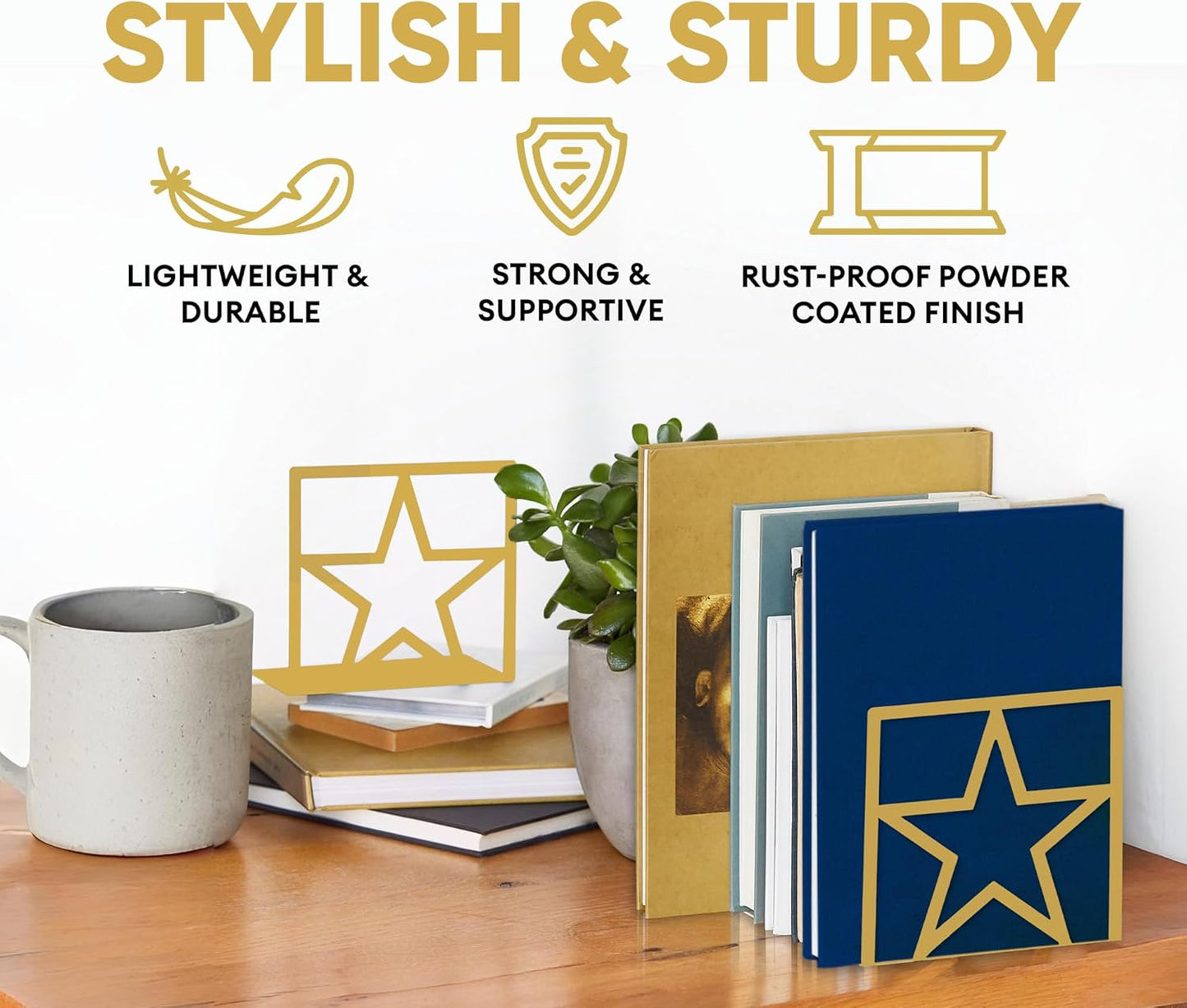 2 Pack Star Gold Metal Bookends - Tall Sturdy Book Ends for Shelves