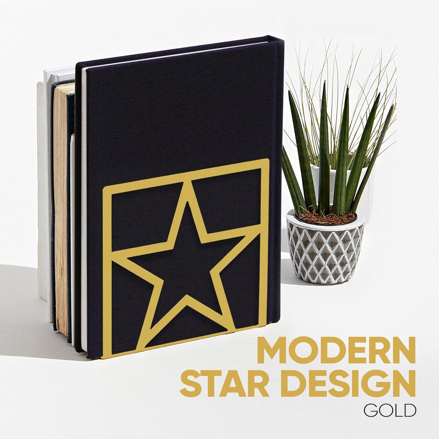 2 Pack Star Gold Metal Bookends - Tall Sturdy Book Ends for Shelves