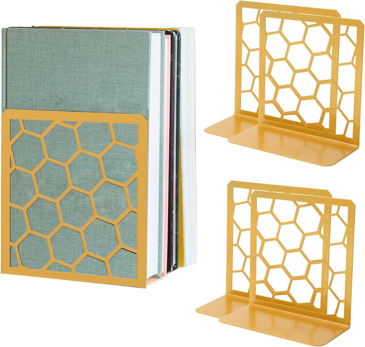 Honeycomb metal bookends 2-pack – modern bookshelf decor